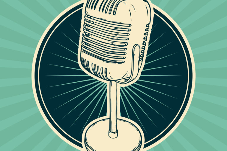 Vector retro mic. Vintage karaoke, radio microphone, podcast station. Hand drawn music poster