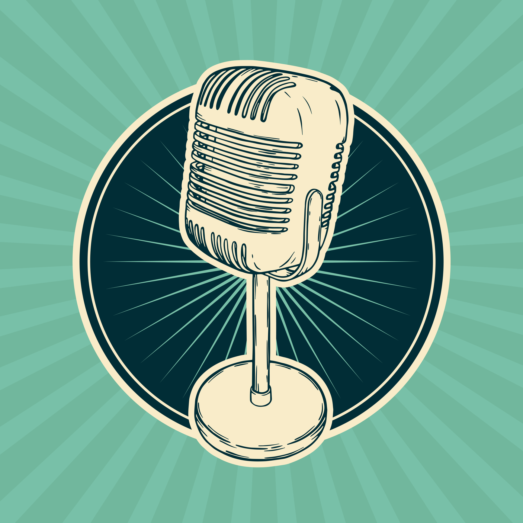 Vector retro mic. Vintage karaoke, radio microphone, podcast station. Hand drawn music poster
